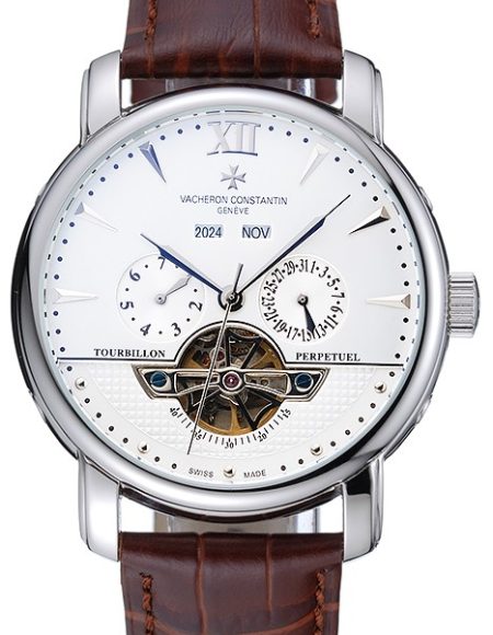 Vacheron Constantin Tourbillion Perpetual Calendar White Dial Silver Case Brown Leather Bracelet 1454277