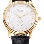 Patek Philippe Calatrava White Embossed Dial Gold Case Black Leather Strap