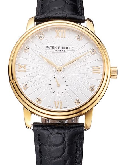 Patek Philippe Calatrava White Embossed Dial Gold Case Black Leather Strap