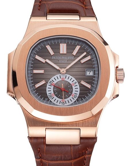 Patek Philippe Nautilus Gray Dial Rose Gold Case Brown Leather Strap