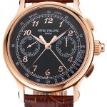 Swiss Patek Philippe Split Seconds Chronograph Black Dial Rose Gold Case Brown Leather Strap