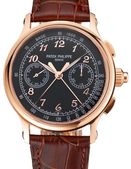 Swiss Patek Philippe Split Seconds Chronograph Black Dial Rose Gold Case Brown Leather Strap