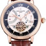 Patek Philippe Classic Tourbillon Power Reserve Black And White Dial Rose Gold Case Brown Leather Strap