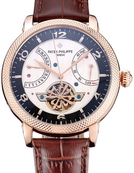 Patek Philippe Classic Tourbillon Power Reserve Black And White Dial Rose Gold Case Brown Leather Strap