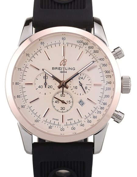 Breitling Transocean White Dial Black Rubber Strap Rose Gold Bezel