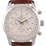 Breitling Transocean Beige Dial Brown Leather Strap Polished Stainless Steel Bezel