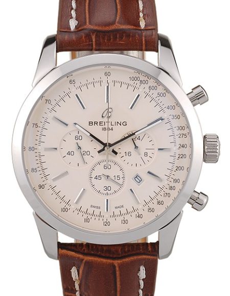 Breitling Transocean Beige Dial Brown Leather Strap Polished Stainless Steel Bezel