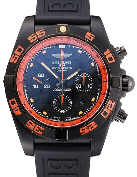 Swiss Breitling Chronomat 44 Raven Black And Orange Dial Black Case Black Rubber Strap