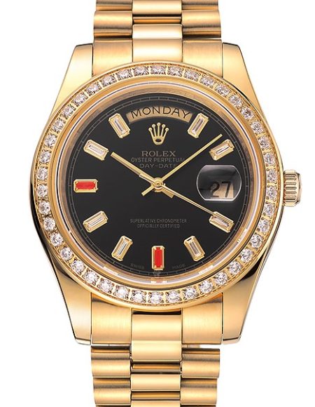 Swiss Rolex Day-Date Diamonds And Rubies Black Dial Gold Bracelet 1454101