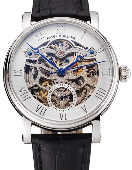 Patek Philippe Grand Complications White Skeleton Dial Stainless Steel Case Black Leather Strap 1453810
