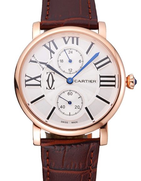Cartier Ronde Second Time Zone White Dial Gold Case Brown Leather Strap  622801
