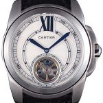 Cartier Calibre Flying Tourbillon White Dial Stainless Steel Case Black Leather Bracelet