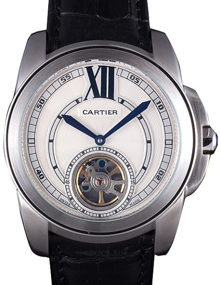 Cartier Calibre Flying Tourbillon White Dial Stainless Steel Case Black Leather Bracelet