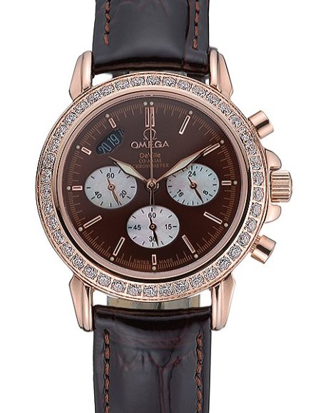 Omega De Ville Chronograph Brown Dial Gold Diamond Case Brown Leather Bracelet  622457