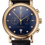 Omega Seamaster Vintage Chronograph Blue Dial Diamond Hour Marks Gold Case Black Leather Strap