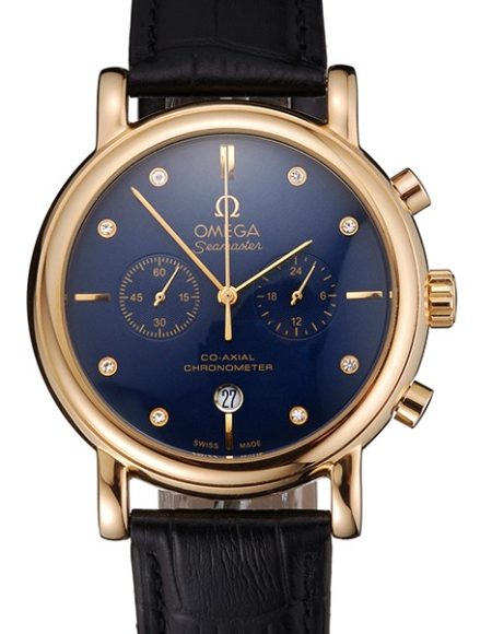 Omega Seamaster Vintage Chronograph Blue Dial Diamond Hour Marks Gold Case Black Leather Strap