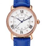 Cartier Ronde White Dial Diamond Bezel Rose Gold Case Blue Leather Strap