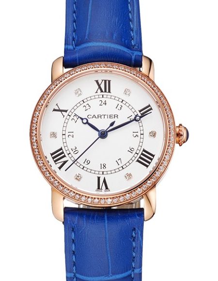 Cartier Ronde White Dial Diamond Bezel Rose Gold Case Blue Leather Strap