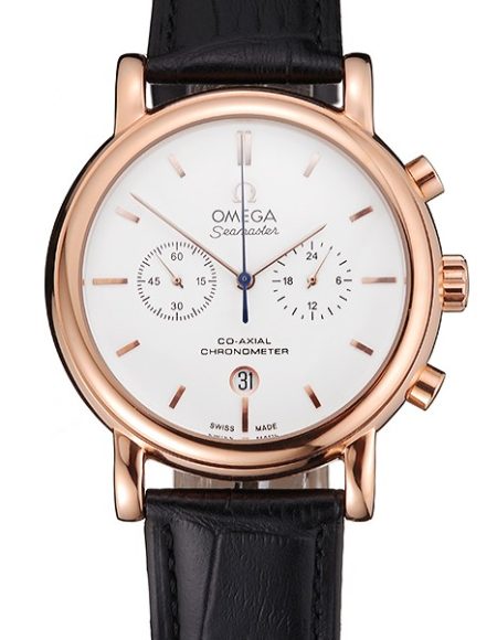 Omega Seamaster Vintage Chronograph White Dial Rose Gold Case Black Leather Strap
