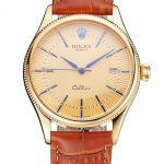 Swiss Rolex Cellini Date Gold Guilloche Dial Gold Case Light Brown Leather Strap