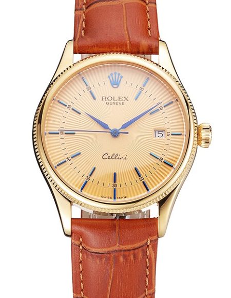 Swiss Rolex Cellini Date Gold Guilloche Dial Gold Case Light Brown Leather Strap
