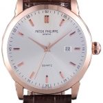 Patek Philipe Calatrava Roze Gold Polished Bezel Brown Leather Bracelet 801430