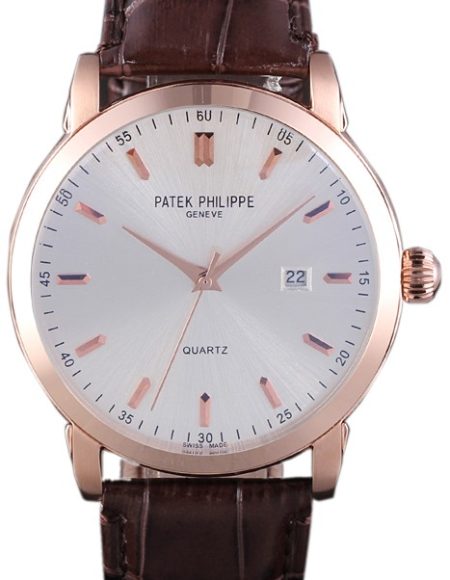 Patek Philipe Calatrava Roze Gold Polished Bezel Brown Leather Bracelet 801430