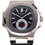 Patek Philippe Nautilus Black Dial Stainless Steel Case Black Leather Strap