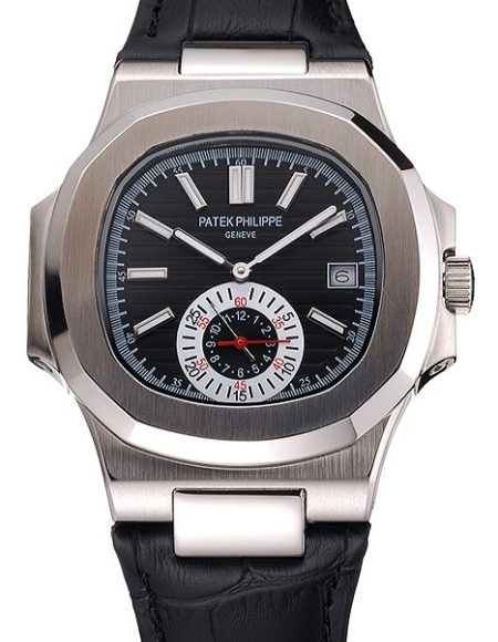 Patek Philippe Nautilus Black Dial Stainless Steel Case Black Leather Strap