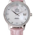 Omega DeVille Prestige Co-Axial Diamond Silver Case Mother-Of-Pearl Dial Pink Leather Strap