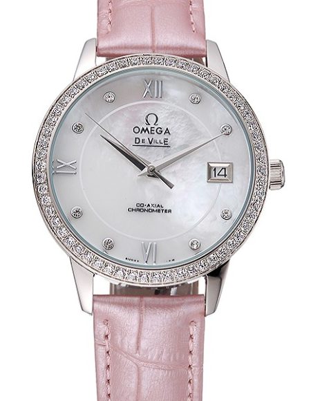 Omega DeVille Prestige Co-Axial Diamond Silver Case Mother-Of-Pearl Dial Pink Leather Strap