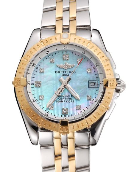 Breitling Colt Lady Light Blue Dial Diamond Hour Marks Gold Bezel Stainless Steel Case Two Tone Bracelet