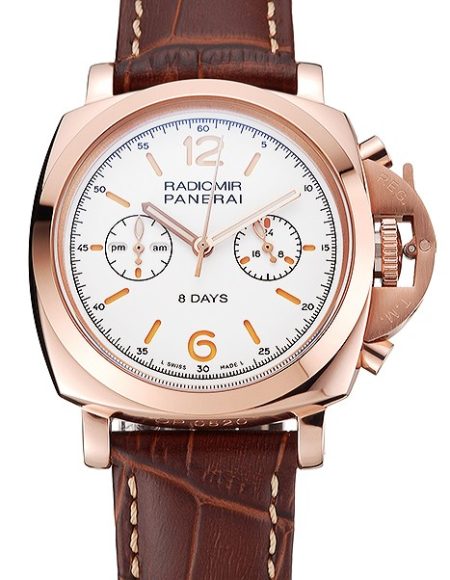 Panerai Radiomir 8 Days Chronograph White Dial Rose Gold Case Brown Leather Strap 1453796