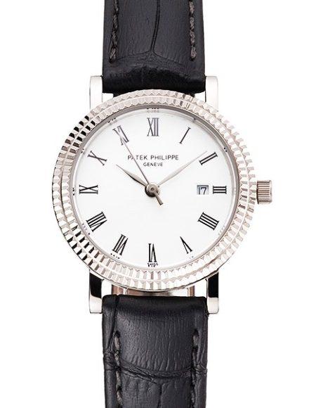 Patek Philippe Calatrava White Dial Roman Numerals Double Ribbed Bezel Stainless Steel Case Black Leather Strap