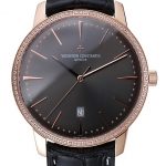Swiss Vacheron Constantin Patrimony Grey Dial Gold Diamonds Case Black Leather Bracelet    1454173