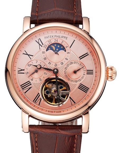 Patek Philippe Grand Complications Moonphase Perpetual Calendar Tourbillon Rose Gold Case And Dial Brown Leather Strap