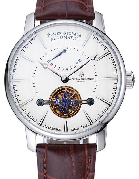 Vacheron Constantin Tourbillion Power Reserve White Dial Silver Case Brown Leather Bracelet  1454275
