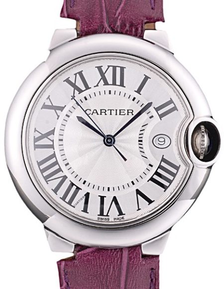 Cartier Ballon Bleu 38mm White Dial Stainless Steel Case Purple Leather Bracelet