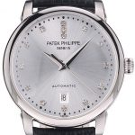 Patek Philippe Swiss Calatrava Polished Bezel Grey Dial Black Leather Strap 7659