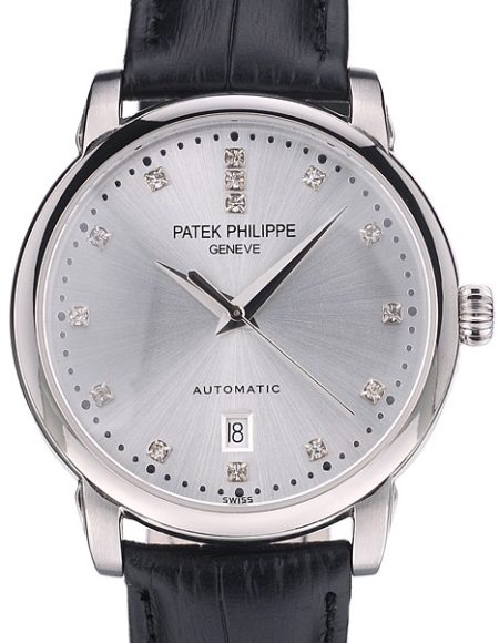 Patek Philippe Swiss Calatrava Polished Bezel Grey Dial Black Leather Strap 7659