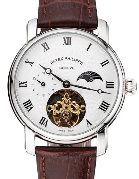 Patek Philippe Complications Moonphase Tourbillon White Dial Stainless Steel Case Brown Leather Strap