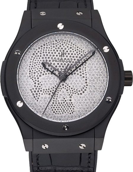 Hublot Classic Fusion Diamond Skull Dial Black Steel Case Black Leather Strap  622815