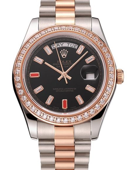 Swiss Rolex Day-Date Diamonds And Rubies Black Dial Rose Gold And Staineless Steel Bracelet 1454106