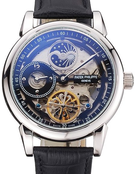 Patek Philippe Dual Time Moonphase Tourbillon Black Skeletonised Dial Stainless Steel Case Black Leather Strap