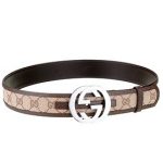Gucci Replica Brown Leather Trim Interlocking Silver G Buckle Monogram Belt