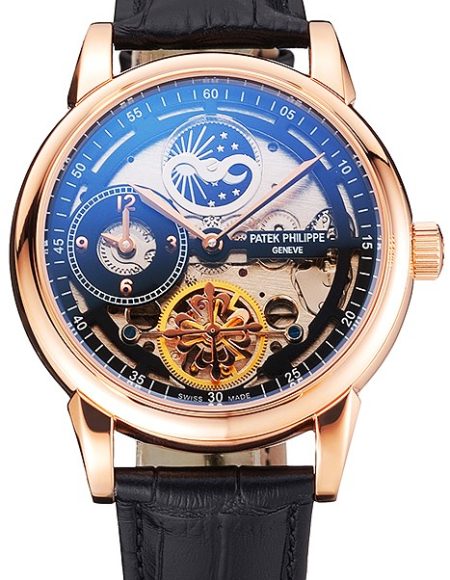 Patek Philippe Dual Time Moonphase Tourbillon Black Skeletonised Rose Gold Case Black Leather Strap