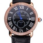 Cartier Ronde Louis Cartier Black Dial Gold Case Diamond Bezel Black Leather Strap