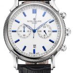 Patek Philippe Chronograph White Dial Blue Markings Stainless Steel Case Black Leather Strap