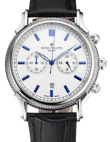 Patek Philippe Chronograph White Dial Blue Markings Stainless Steel Case Black Leather Strap