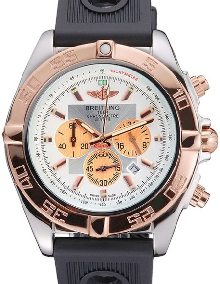 Breitling Chronomat White Dial Rose Gold Bezel And Subdials Stainless Steel Case Black Rubber Strap